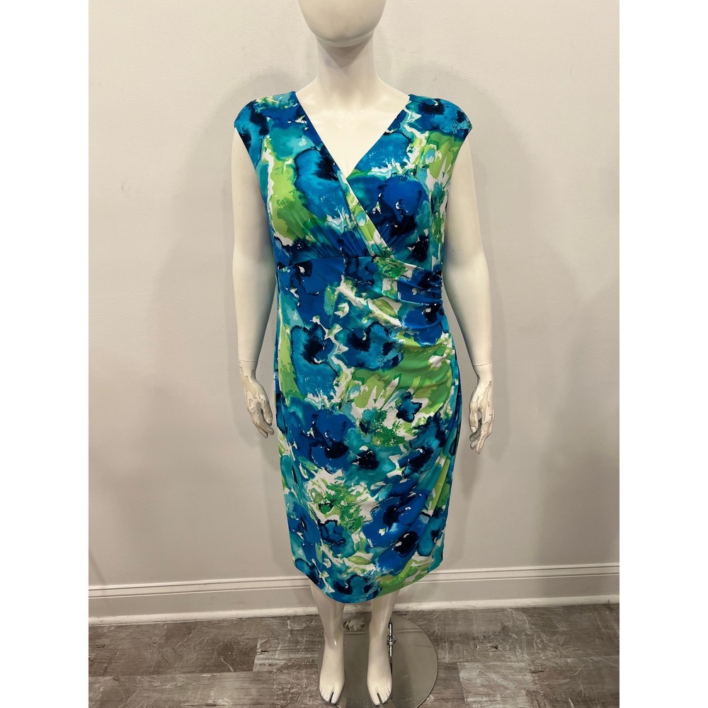 Lauren Ralph Lauren Dress Womens 18W Blue Green Floral Faux Wrap Sheath Dress